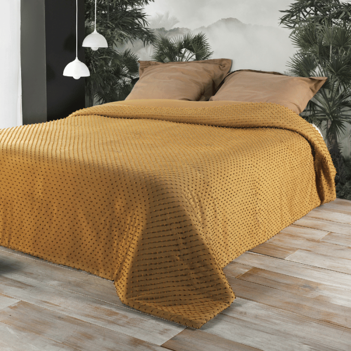 Tissco couvre-lit, dessus de lit jeté de lit POMPON moutarde pour hôtellerie